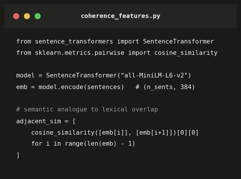 Code snippet computing SBERT sentence embeddings and adjacent cosine similarity between consecutive sentences