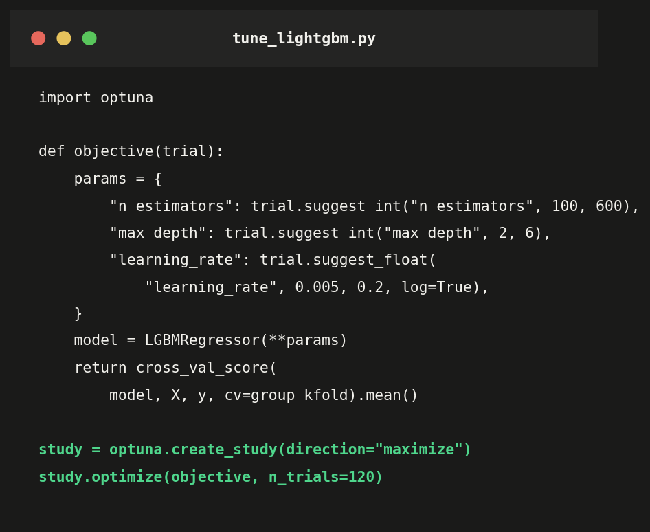 Code snippet defining an Optuna objective function that tunes LightGBM hyperparameters using grouped cross-validation