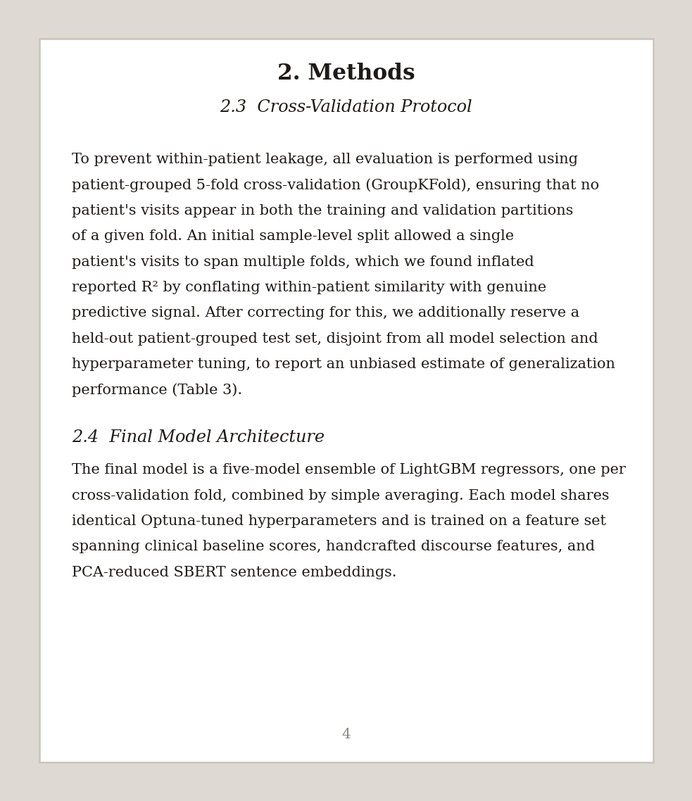 Mockup of a manuscript page showing a Methods section excerpt describing the cross-validation protocol and final ensemble architecture