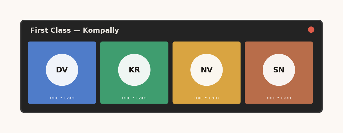 Mockup of a Zoom call grid showing four student tiles for the first class