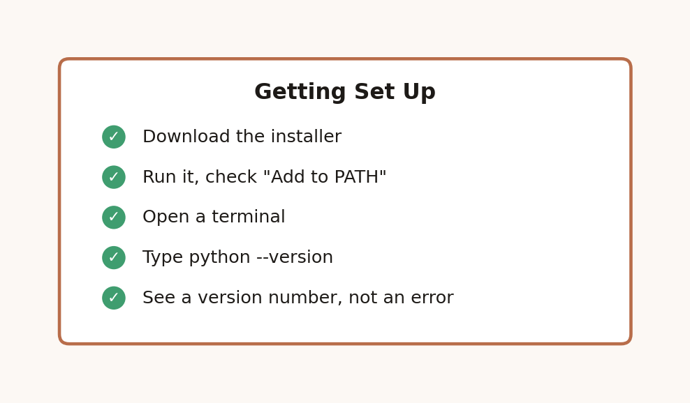 Checklist card showing the steps to install Python and confirm it works