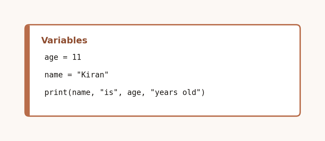 Code card showing variable assignment for age and name, then printing them together
