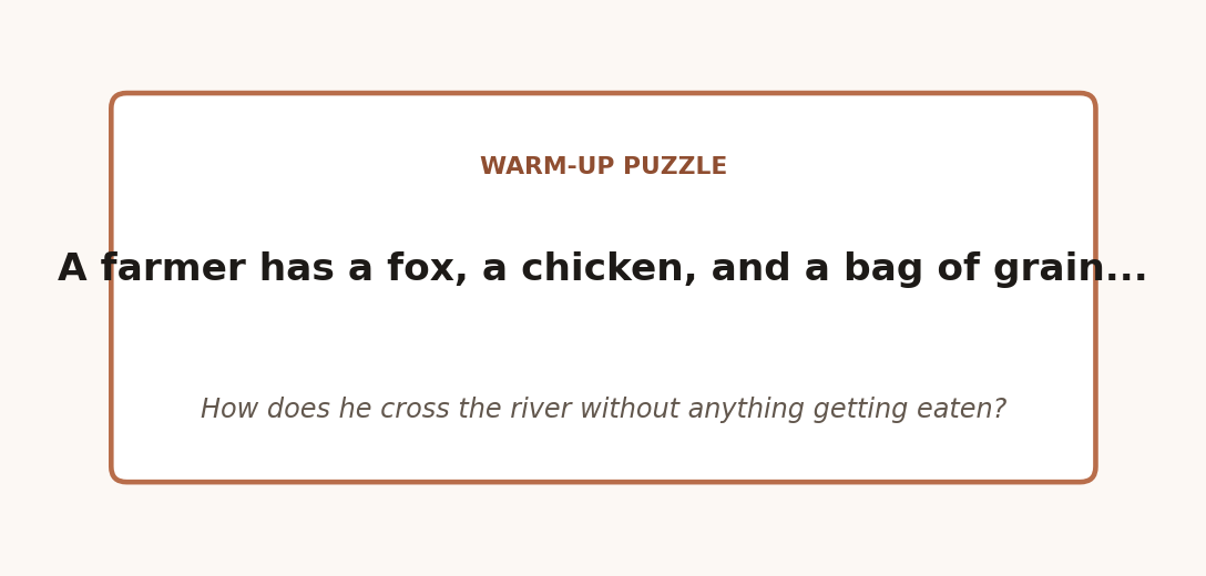 Text card presenting the classic fox, chicken, and grain river-crossing riddle