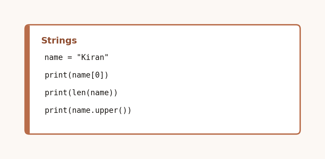 Code card showing string indexing, length, and the upper method on the name Kiran