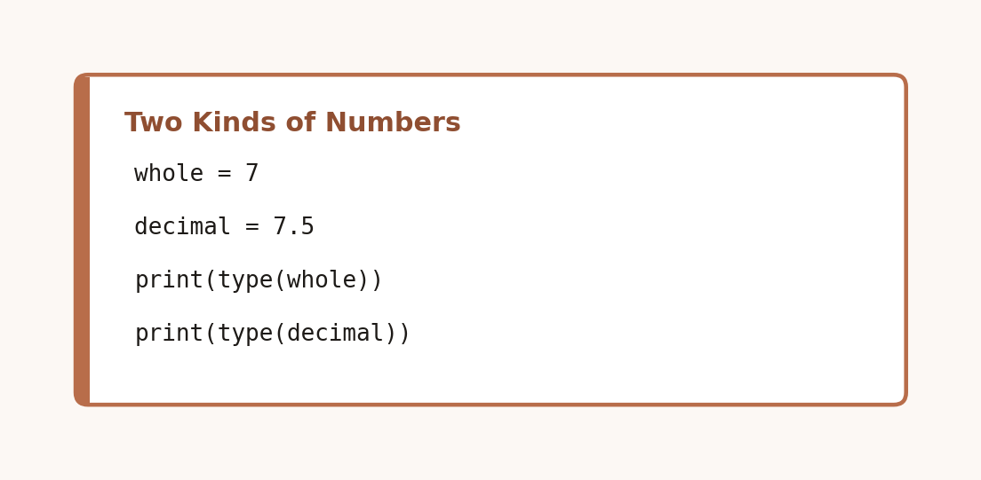 Code card comparing an integer and a float and printing their types