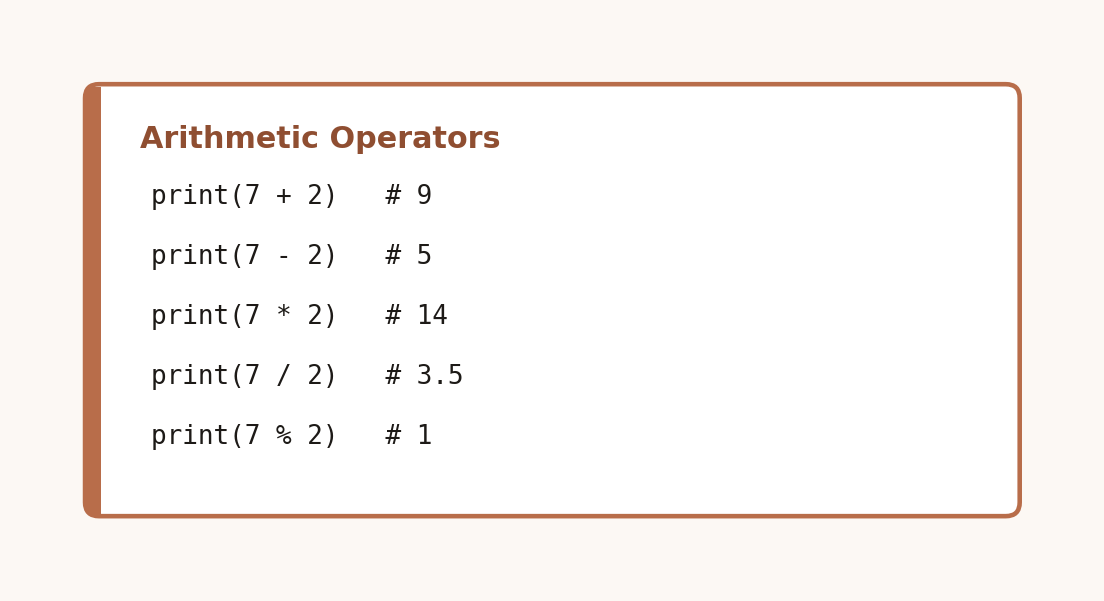 Code card listing addition, subtraction, multiplication, division, and modulo with their results