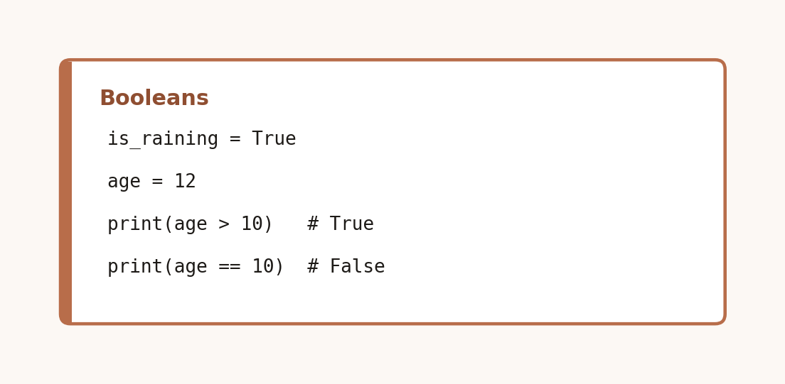 Code card showing a boolean variable and two comparisons evaluating to True and False
