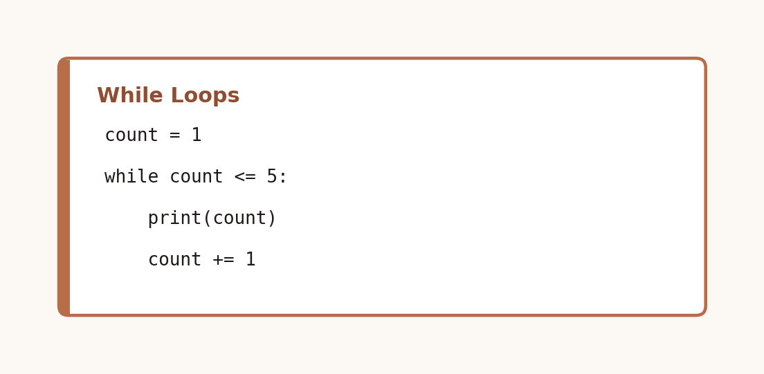 Code card showing a while loop counting from 1 to 5