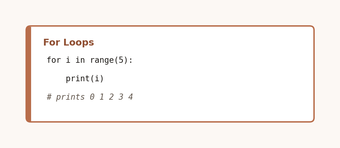 Code card showing a for loop using range to print numbers 0 through 4