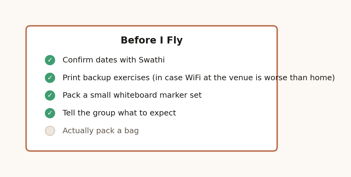 Checklist card of pre-trip preparation items, most checked off
