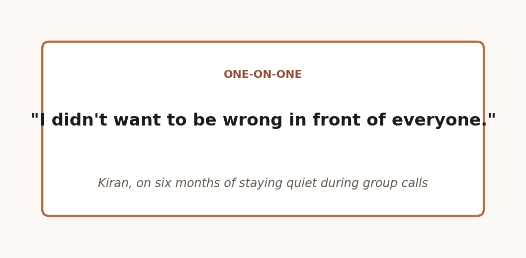 Text card quoting Kiran on why he stayed quiet during group Zoom sessions
