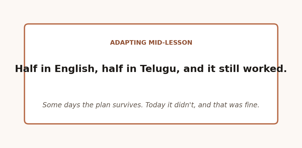 Text card describing a lesson taught half in English and half in Telugu