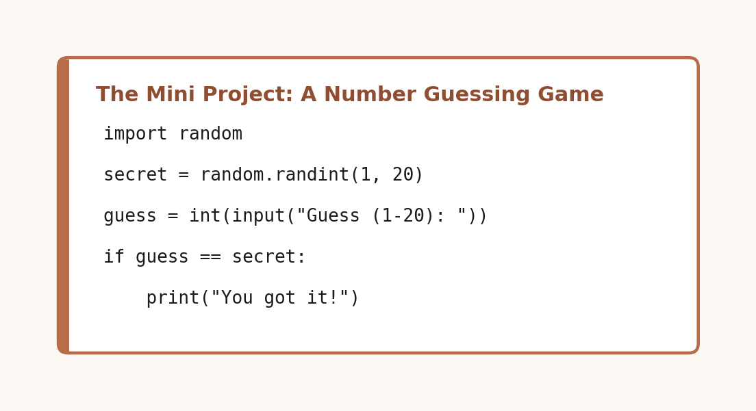 Code card showing a simple number guessing game using random, input, and an if statement
