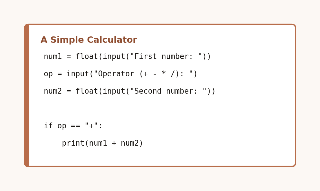 Code card showing the start of a calculator program taking two numbers and an operator as input