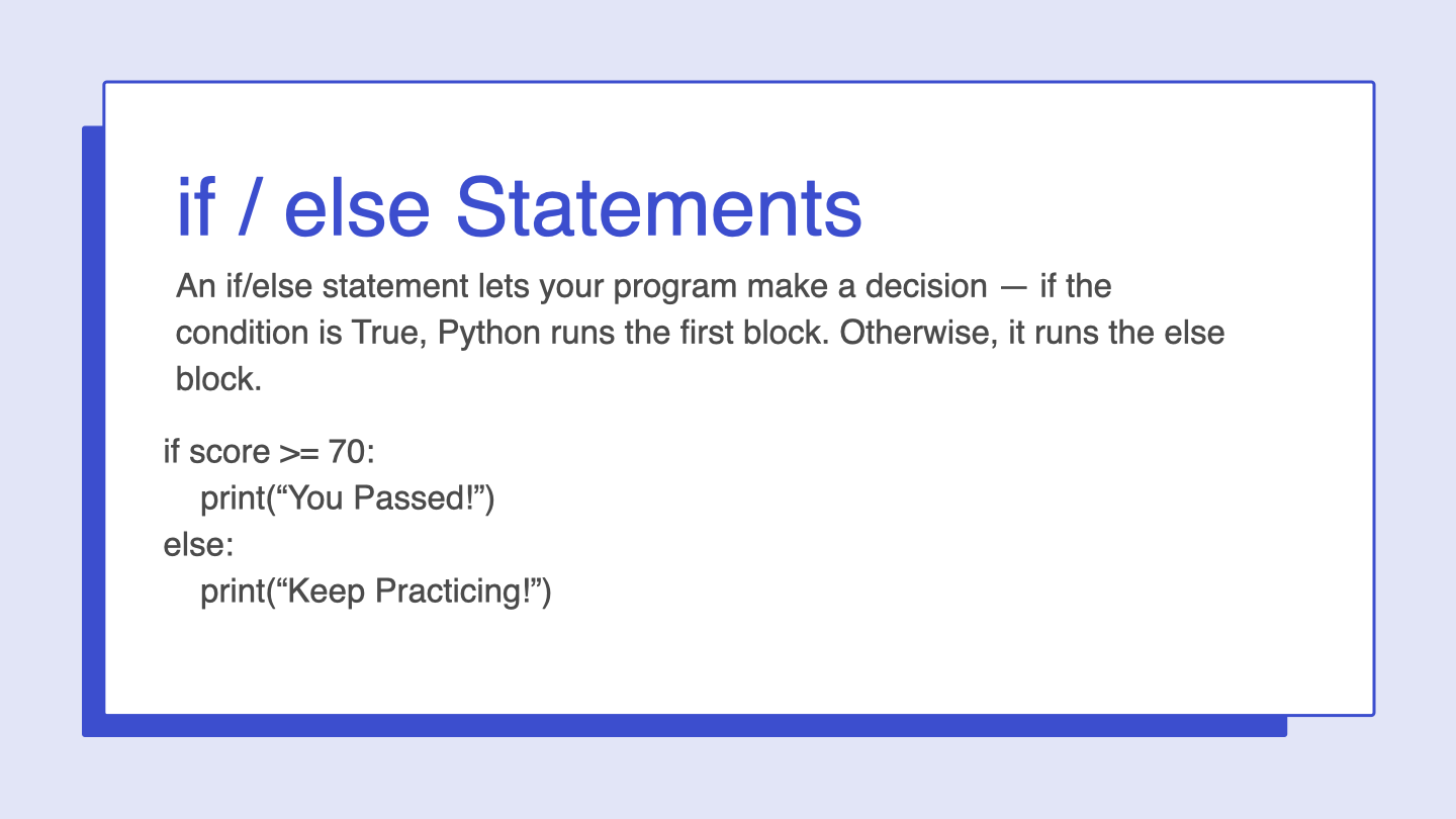 KidCode Day 2 slide explaining if and else statements with a score example