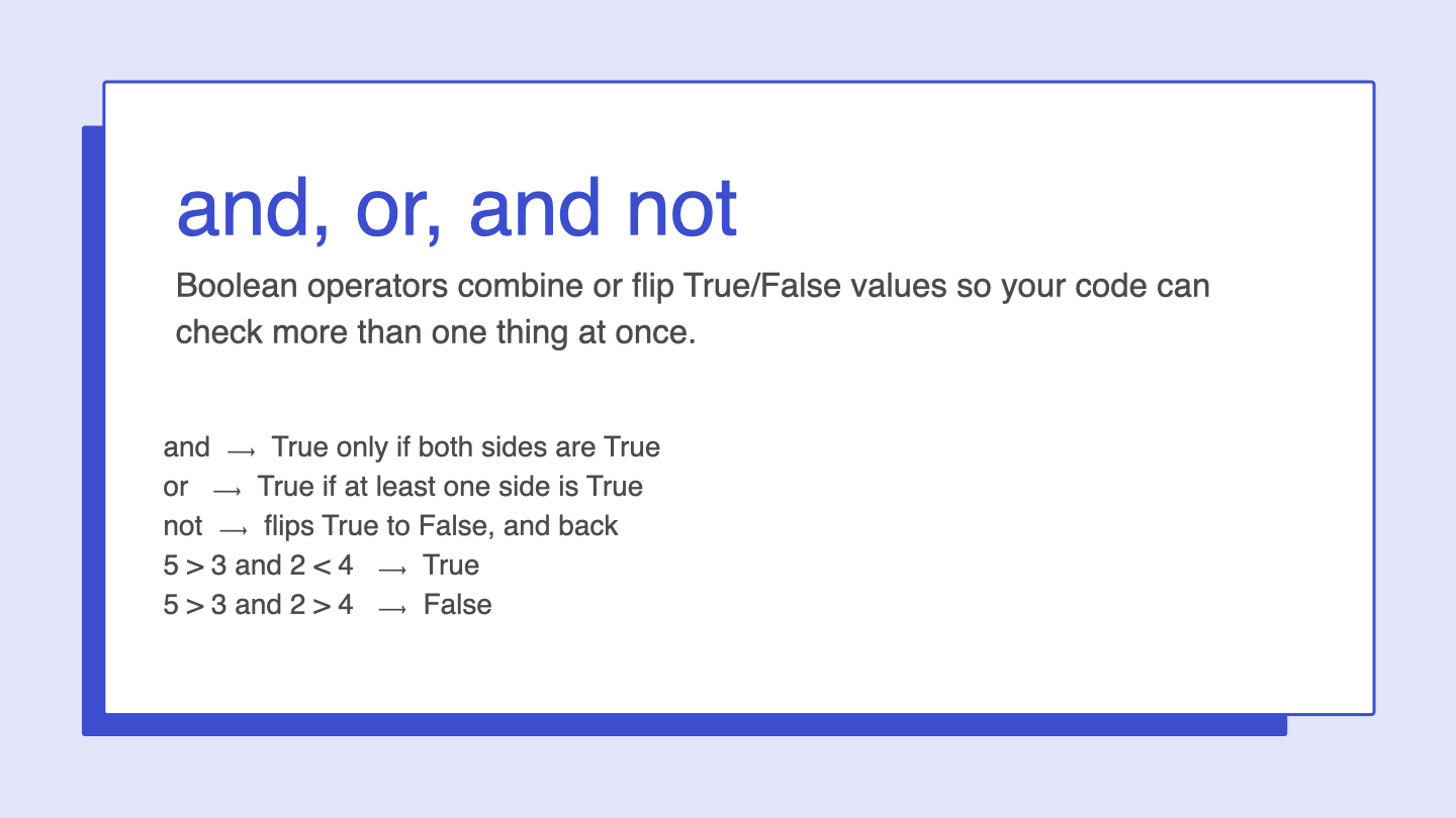 KidCode Day 3 slide explaining and, or, and not with example comparisons