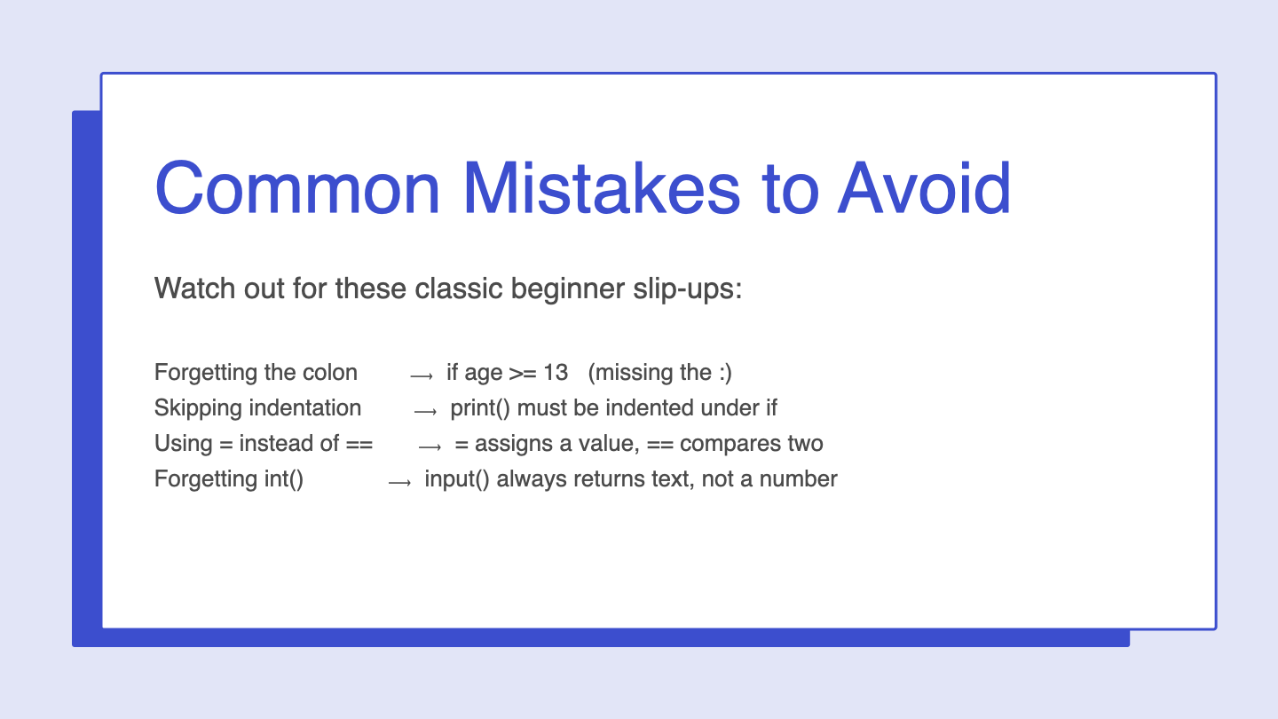 KidCode Day 4 slide listing common if statement mistakes: missing colon, skipped indentation, and using = instead of ==