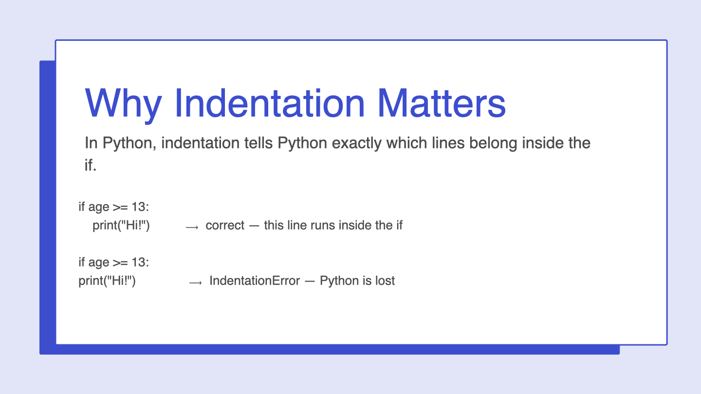 KidCode Day 4 slide comparing correctly and incorrectly indented if statements