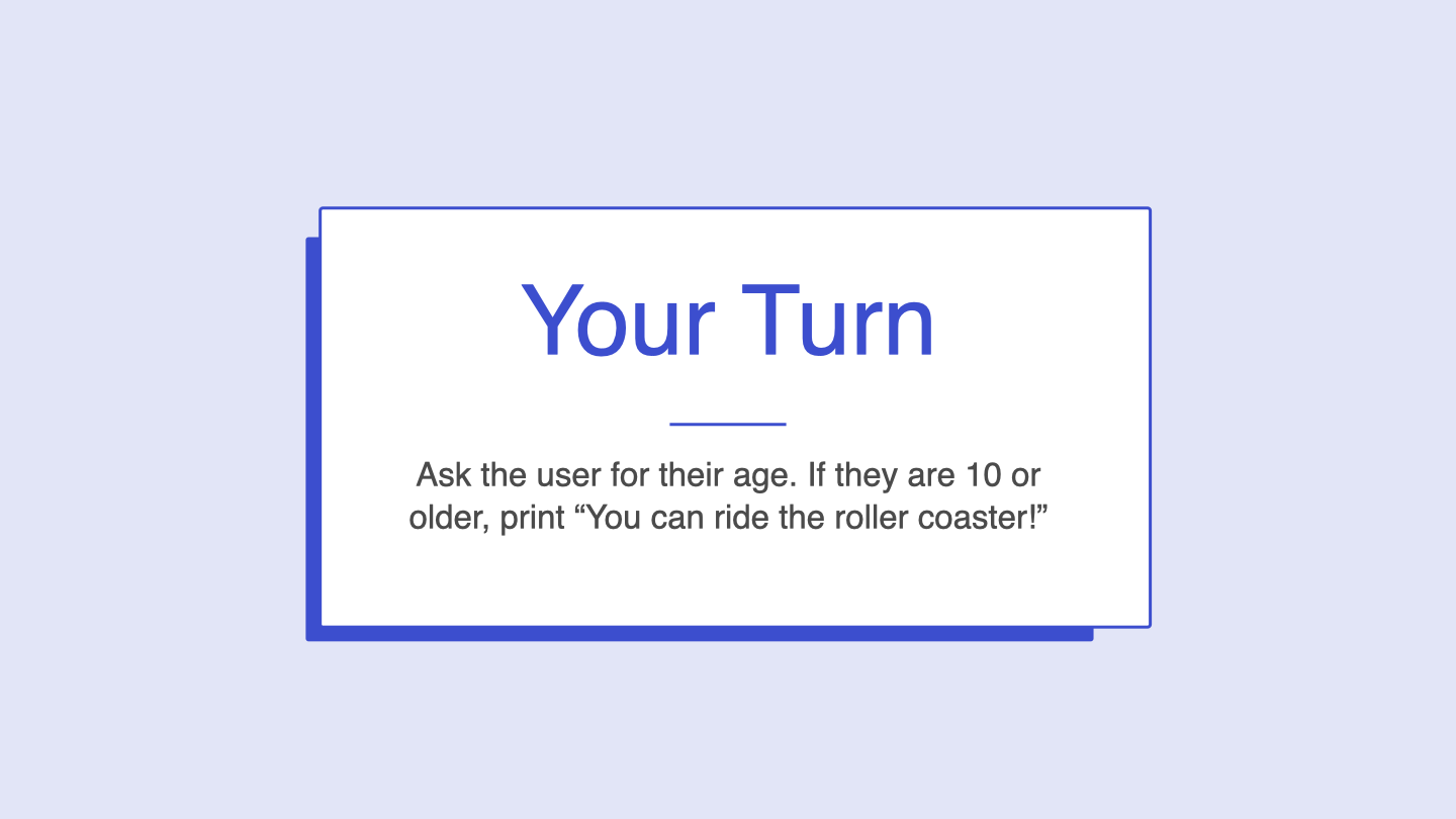 KidCode Day 4 roller coaster exercise slide asking students to check if a user is 10 or older