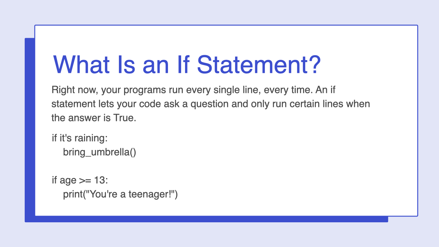 KidCode Day 4 slide explaining what an if statement is, using an umbrella and age example