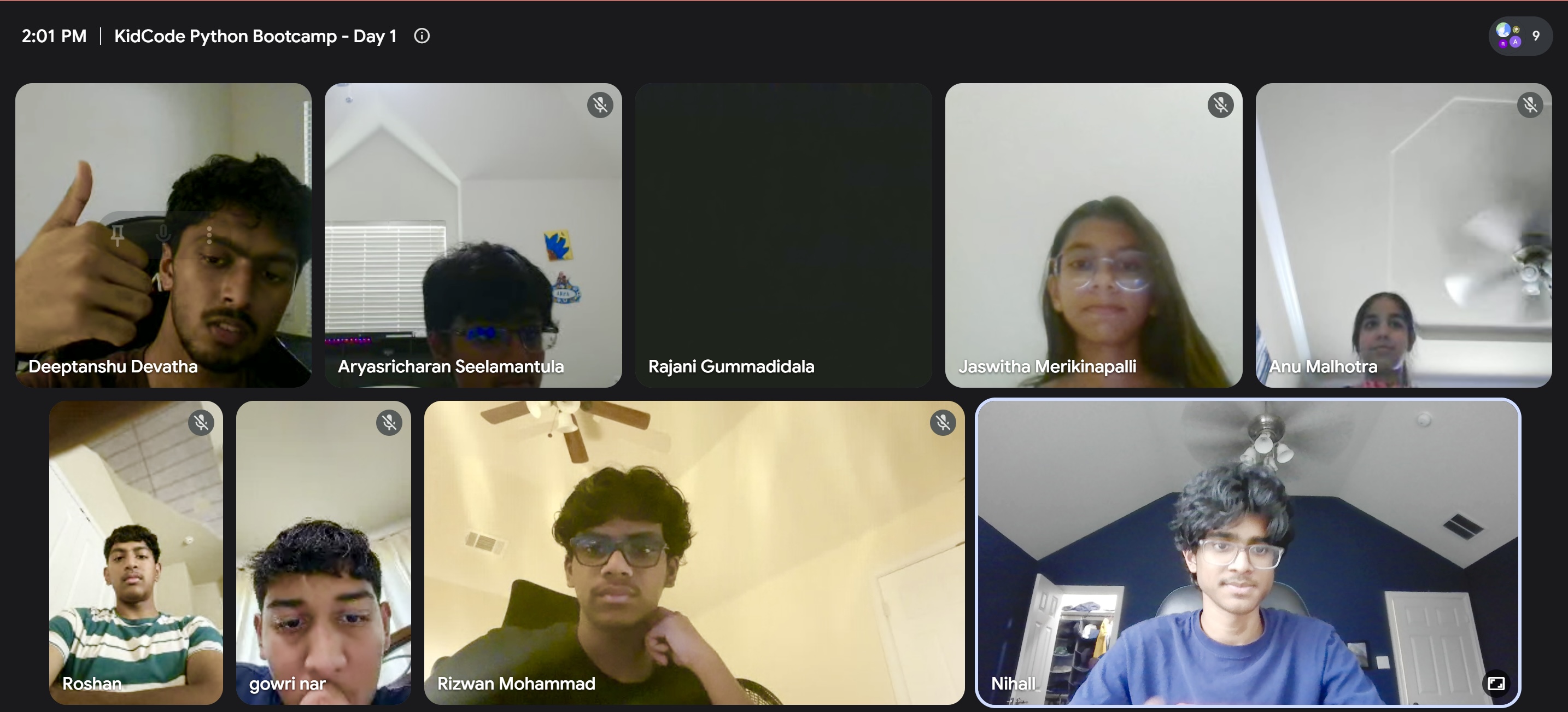 Screenshot of the KidCode Python Bootcamp Day 1 Google Meet session showing students on video