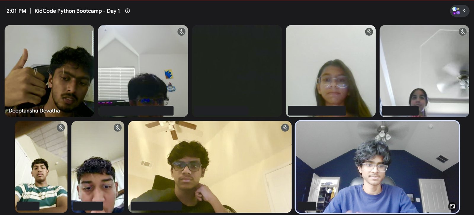 Google Meet grid for KidCode Python Bootcamp, Day 1, with nine participants on video