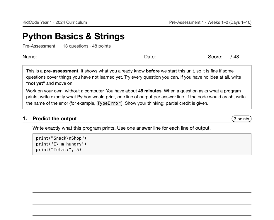 First page of the Python Basics & Strings pre-assessment
