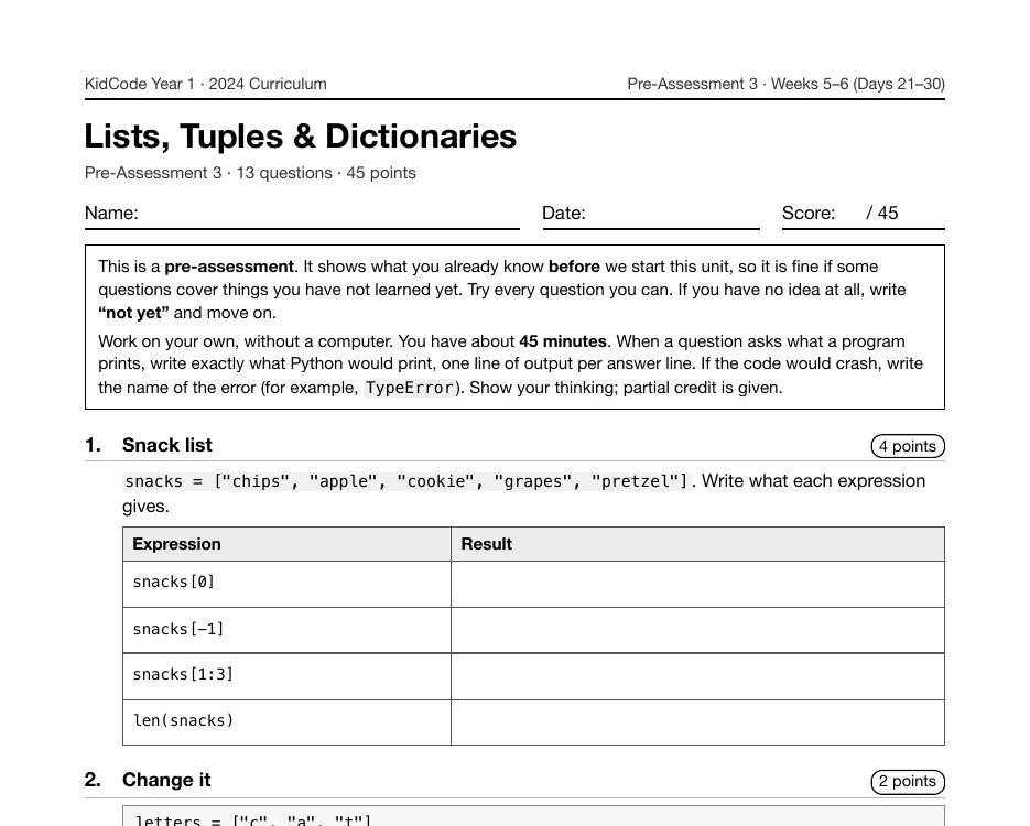 First page of the Lists, Tuples & Dictionaries pre-assessment