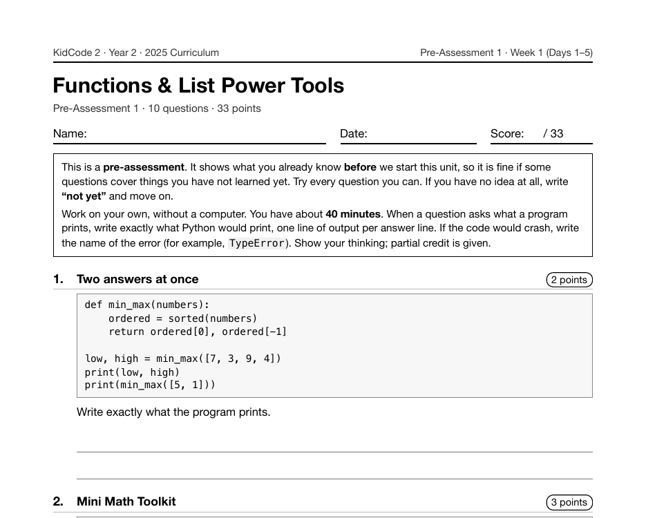 First page of the Functions & List Power Tools pre-assessment