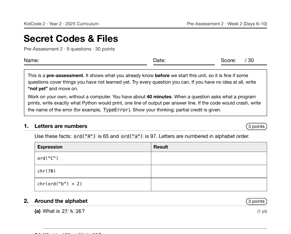 First page of the Secret Codes & Files pre-assessment