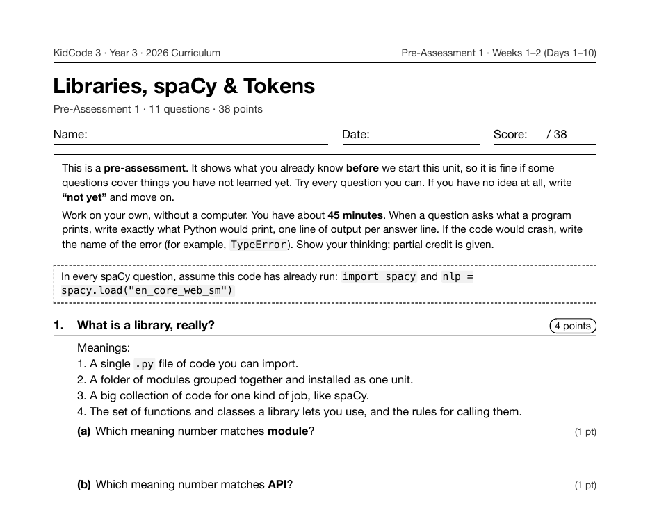 First page of the Libraries, spaCy & Tokens pre-assessment