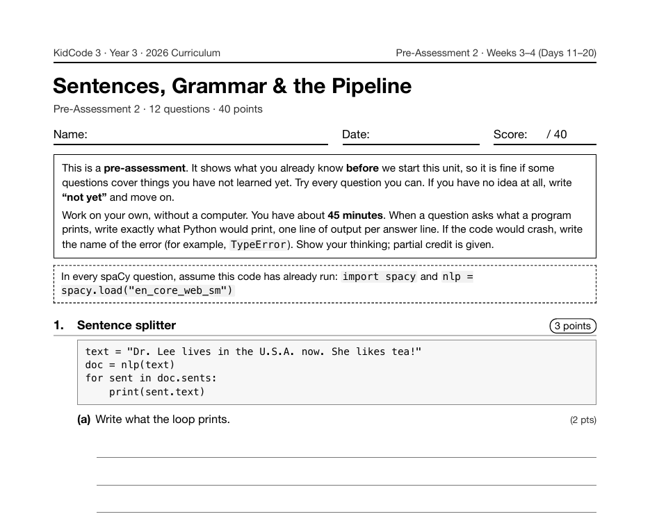 First page of the Sentences, Grammar & the Pipeline pre-assessment