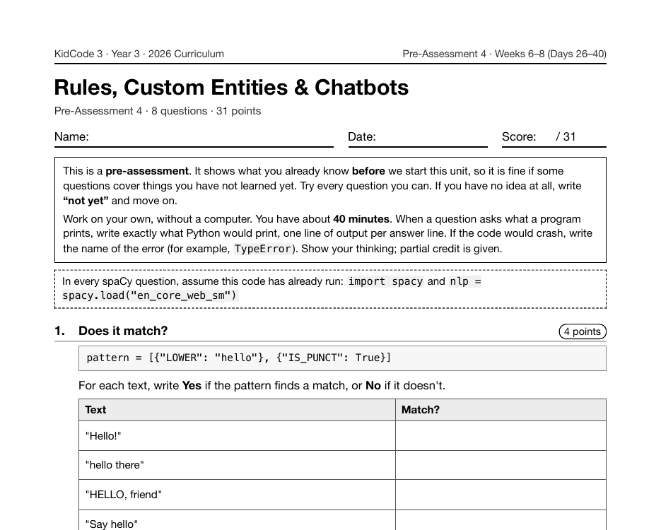 First page of the Rules, Custom Entities & Chatbots pre-assessment