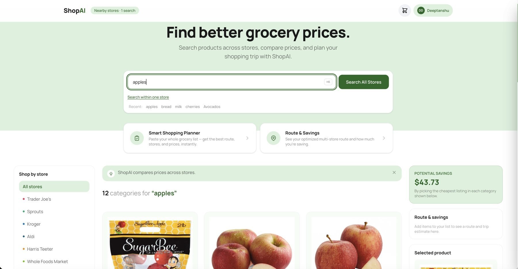 The ShopAI grocery search page showing prices across stores