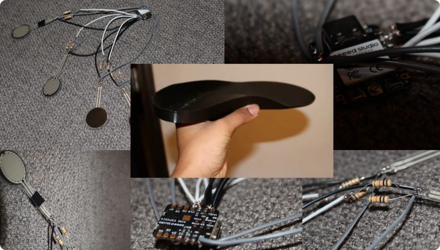 Prototype parts on a table: an insole, force-sensing resistors, wires and a microcontroller board