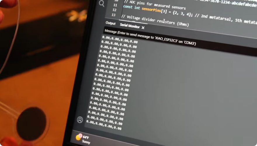 Serial monitor showing rows of sensor readings